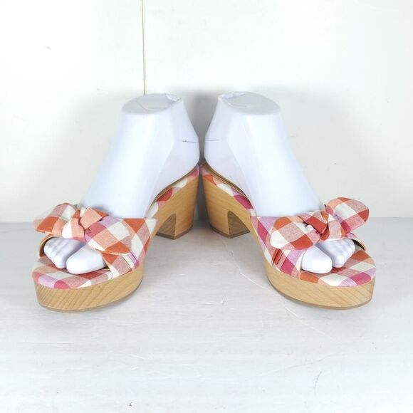 J. Crew Women's US7,5 Multicolor Plaid Printed Bow Wooden Heels Mules Sandals Nw - Picture 6 of 14